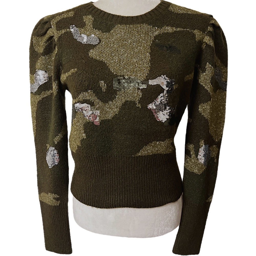 For the Republic camo sweater puff sleeves green shades sequin details medium - Picture 2 of 8